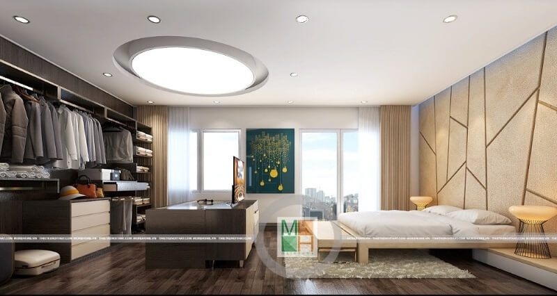 . Mẫu thiết kế nội thất phòng ngủ chung cư đẹp, sang trọng với bức tường đầu giường có màu vàng độc đáo, trần thạch cao và ánh sáng tinh tế tạo nên một không gian nghỉ ngơi hoàn hảo.